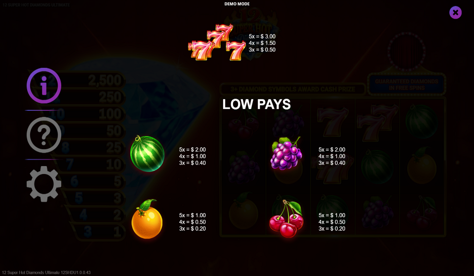 12 super hot diamonds ultimate paytable 2