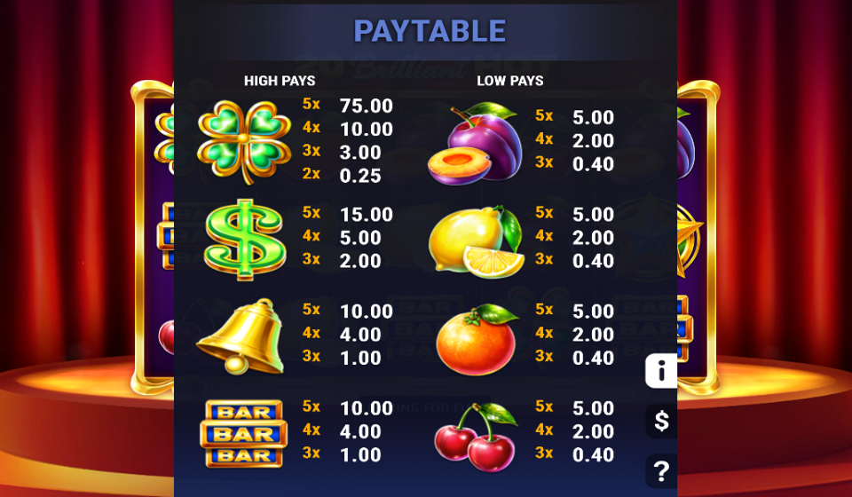 20 brilliant hot paytable 1