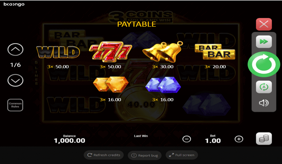 3 coins paytable