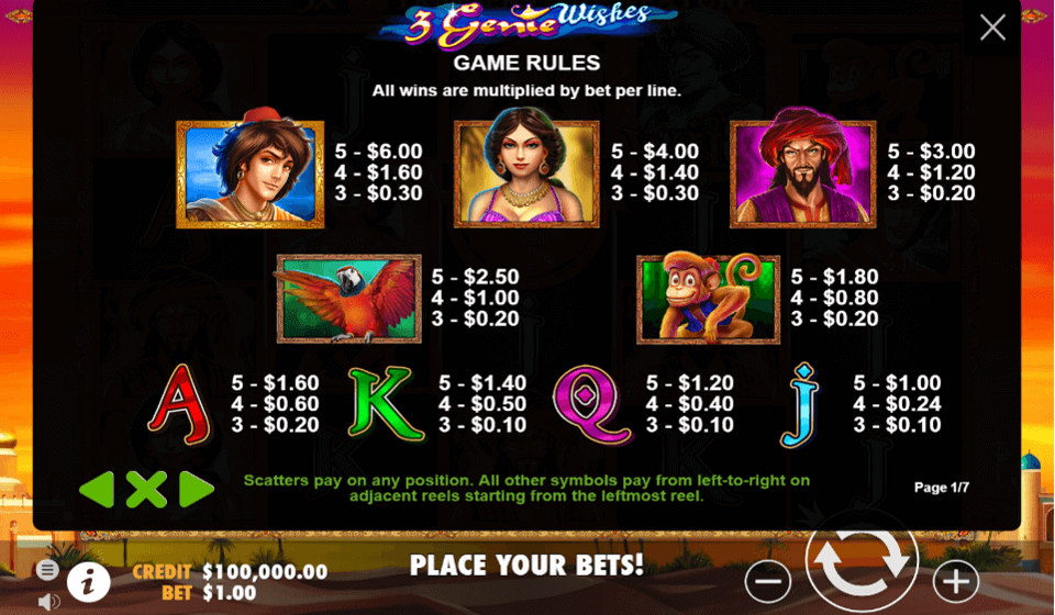 3 genie wishes paytable