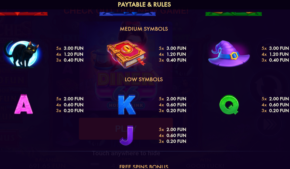 3 witches bonus combo paytable 2