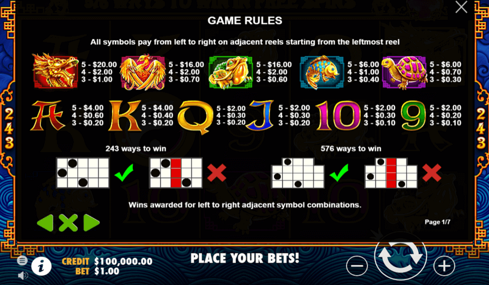 5 lions paytable