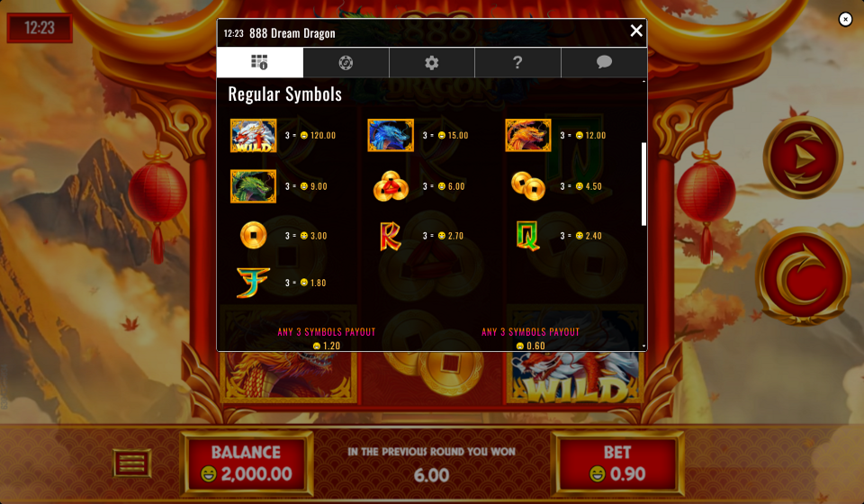 888 dream dragon paytable 1
