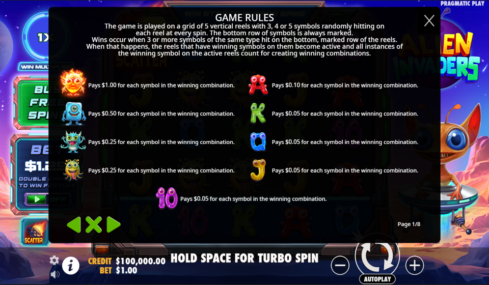 alien invaders paytable 1