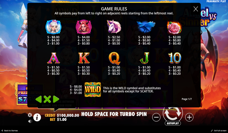 angel vs sinner wild paytable