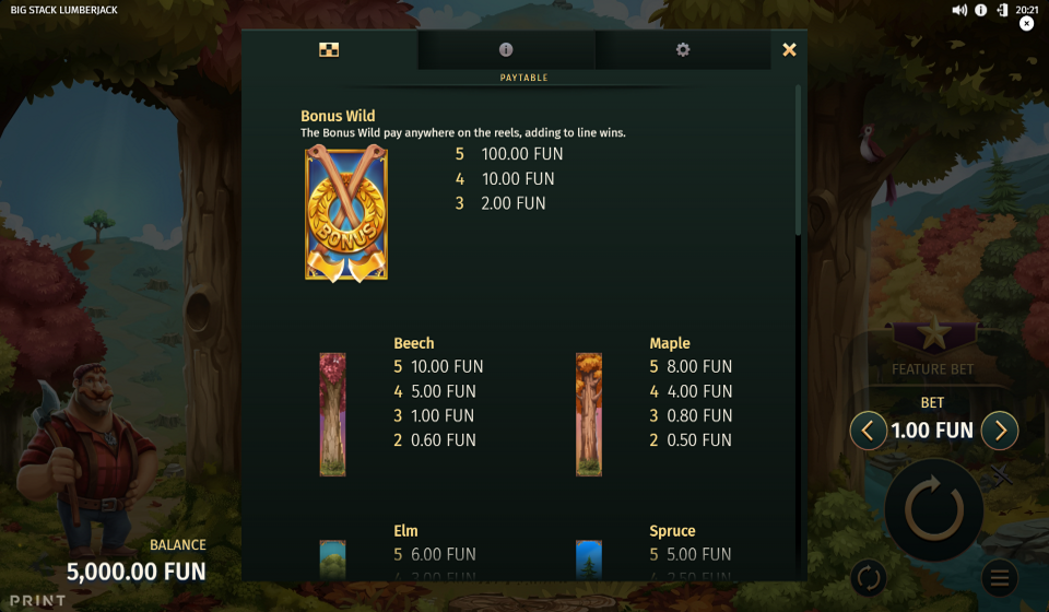 big stack lumberjack paytable 1