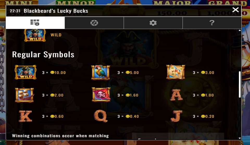blackbeards lucky bucks paytable
