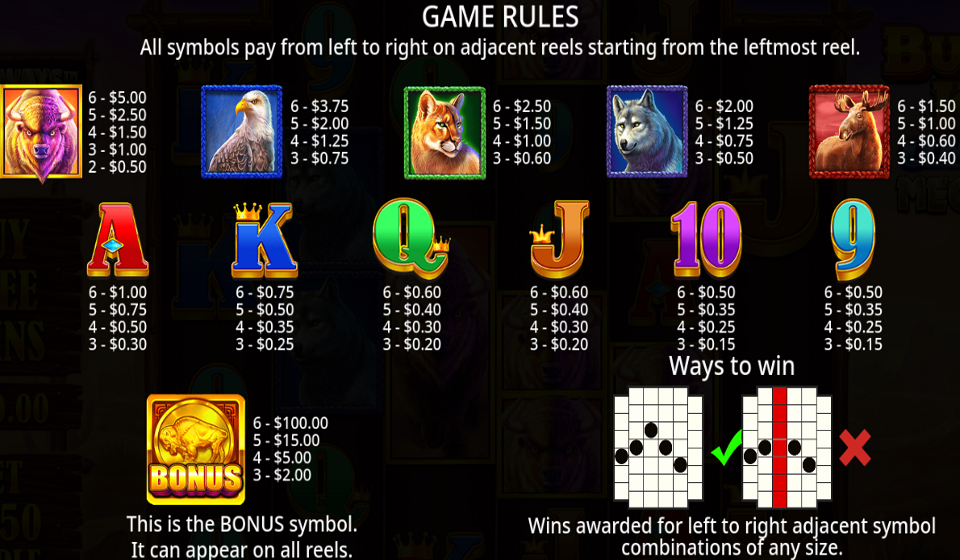 buffalo king untamed megaways paytable