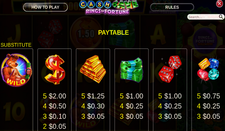 cash cave rings of fortune paytable 1