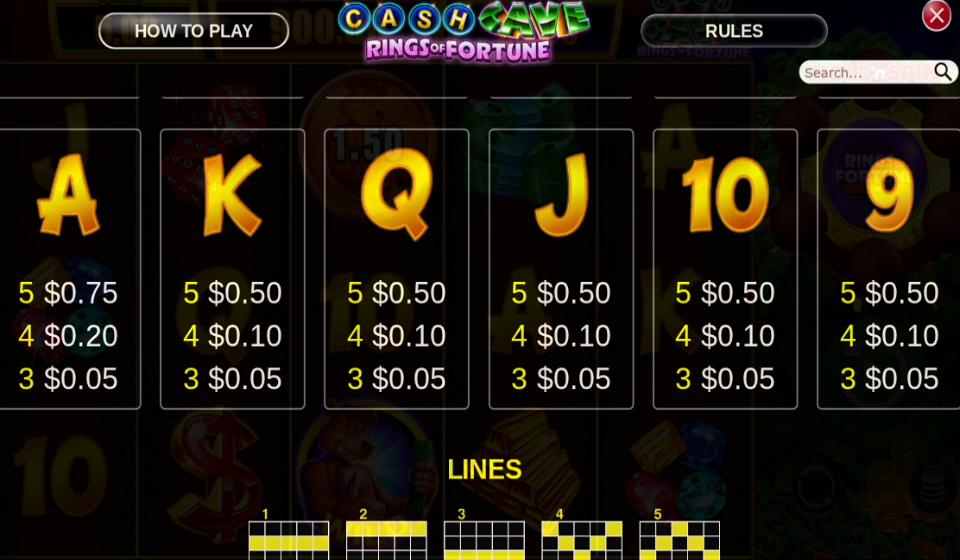 cash cave rings of fortune paytable 2