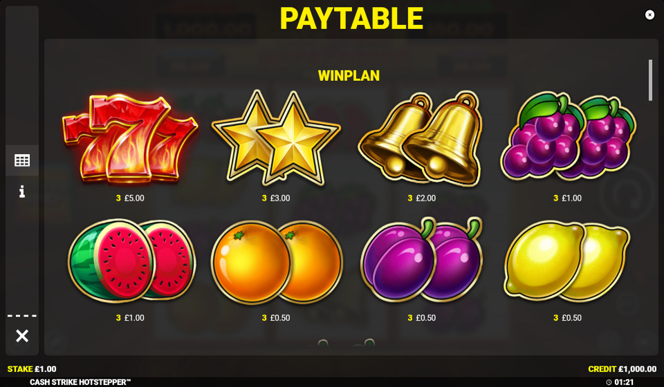 cash strike hotstepper paytable 1