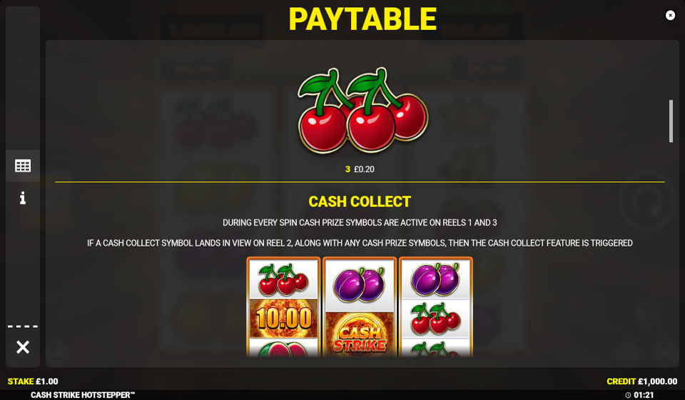 cash strike hotstepper paytable 2