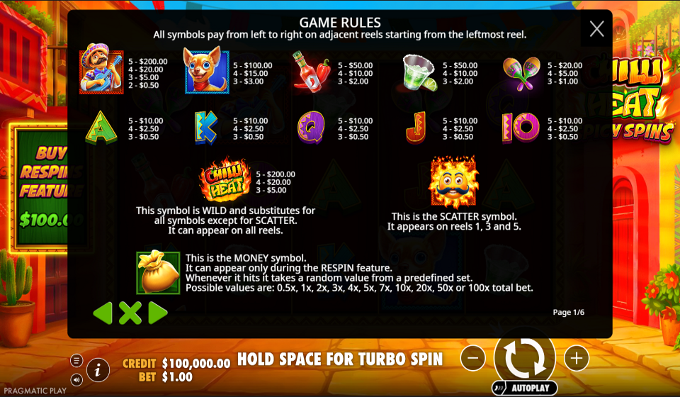 chilli heat spicy spins paytable