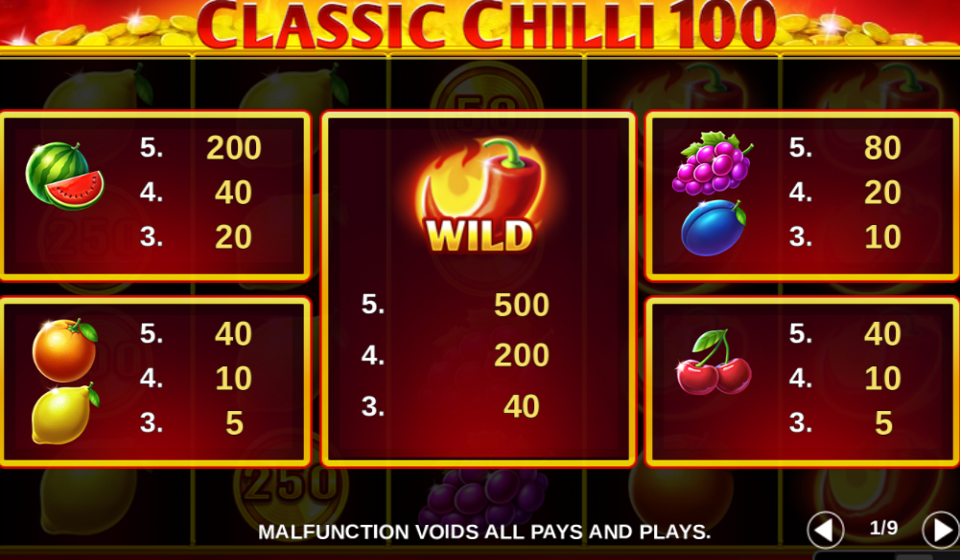 classic chilli 100 paytable