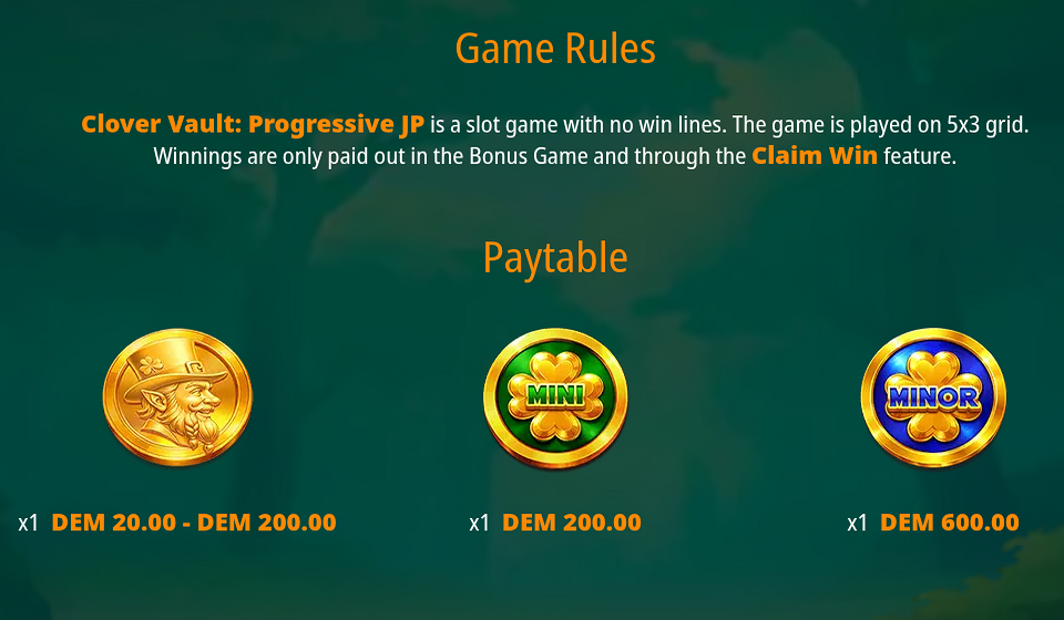 clover vault progressive jackpots paytable