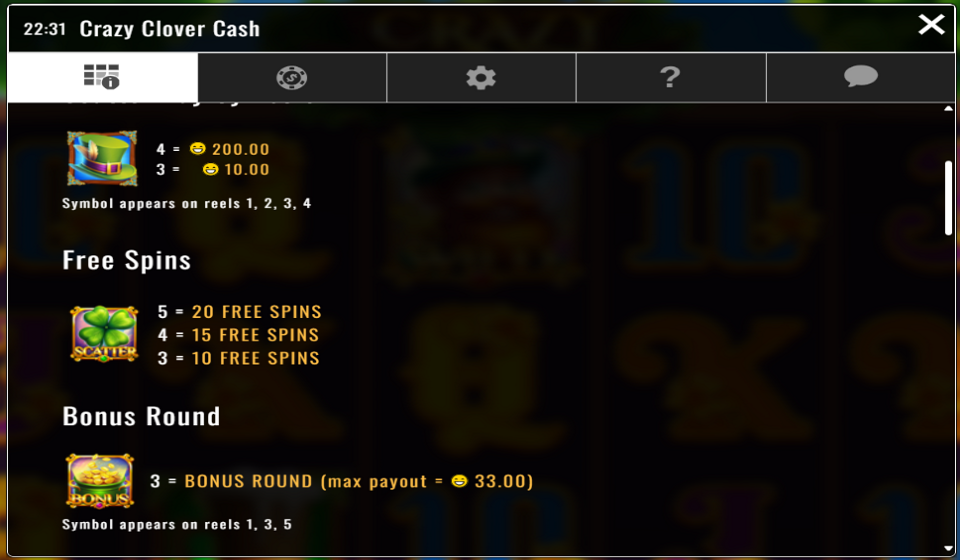 crazy clover cash paytable 1