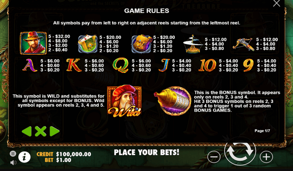 davincis treasure paytable