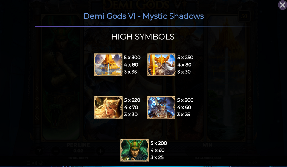 demi gods vi mystic shadows paytable 1