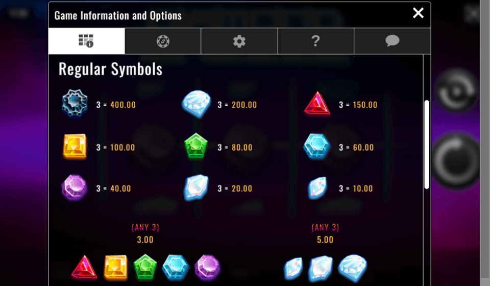 diamond dazzle paytable