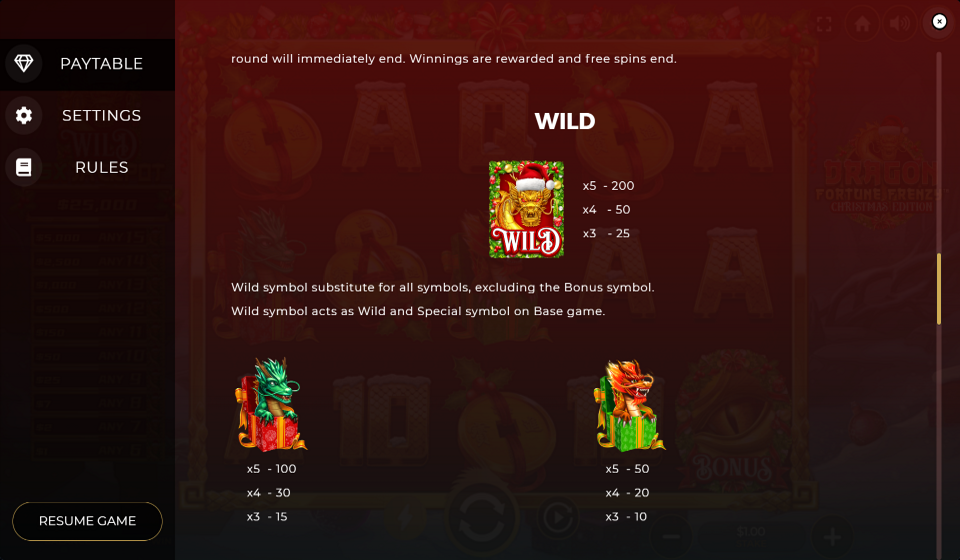 dragon fortune frenzy christmas edition paytable 1