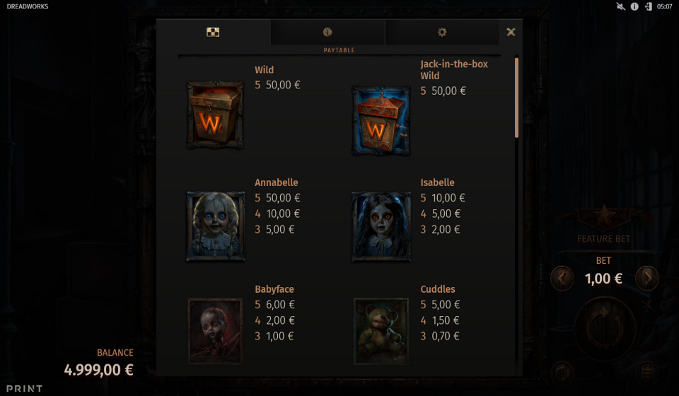 dreadworks paytable 1
