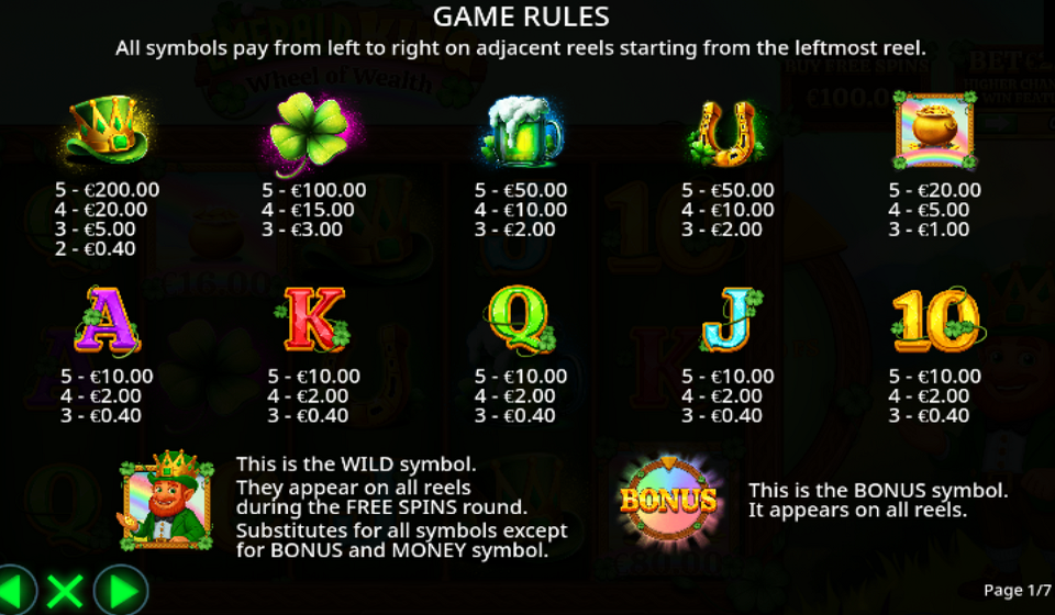 emerald king wheel of wealth paytable