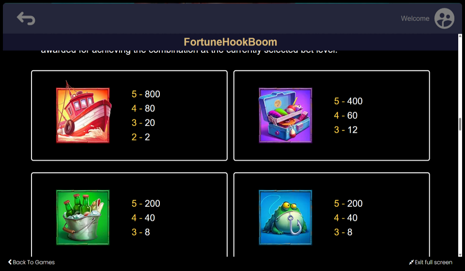 fortune hook boom paytable 1