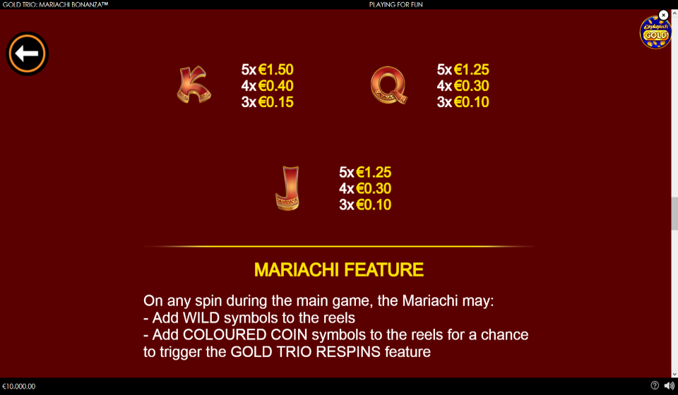gold trio mariachi bonanza paytable 2