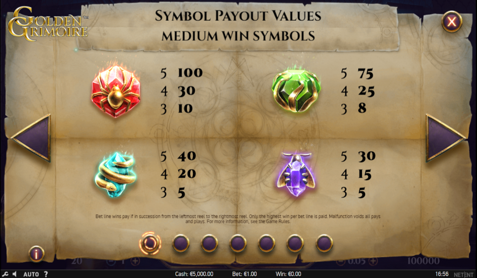 golden grimoire paytable 1