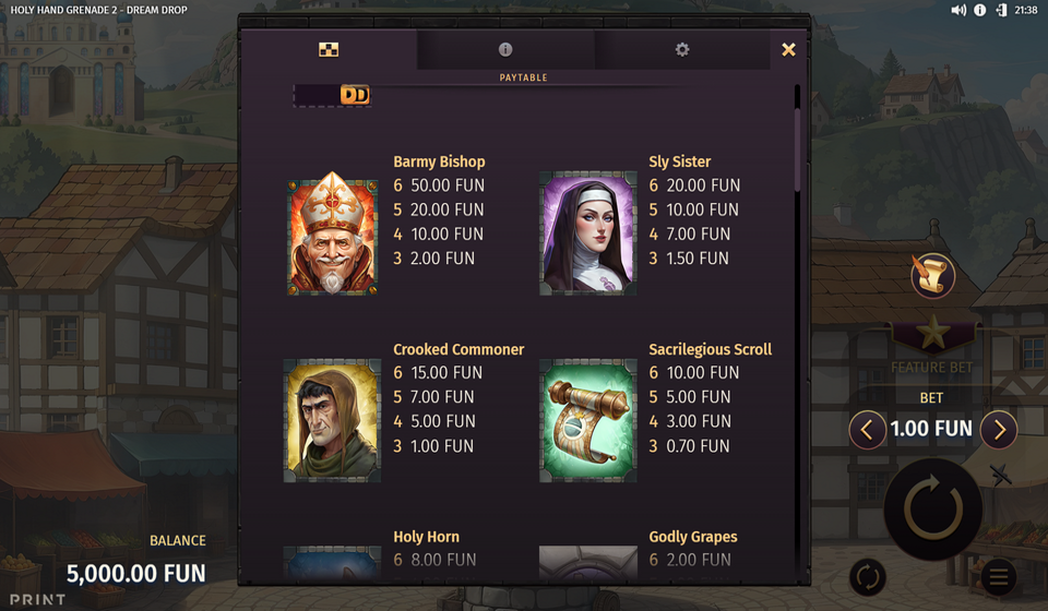 holy hand grenade 2 dream drop paytable 1