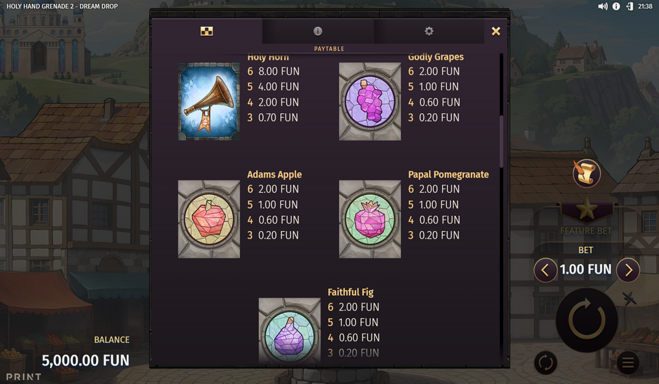 holy hand grenade 2 dream drop paytable 2