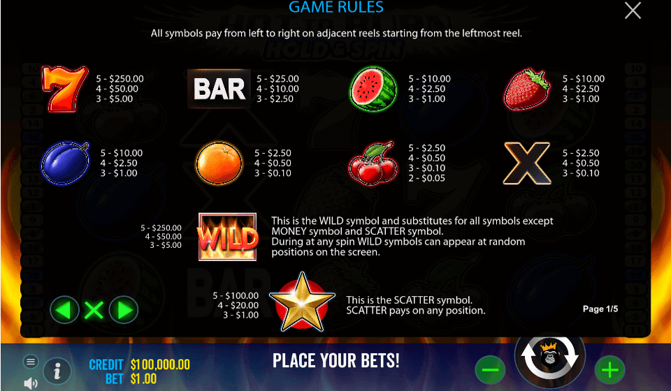 hot to burn hold and spin paytable
