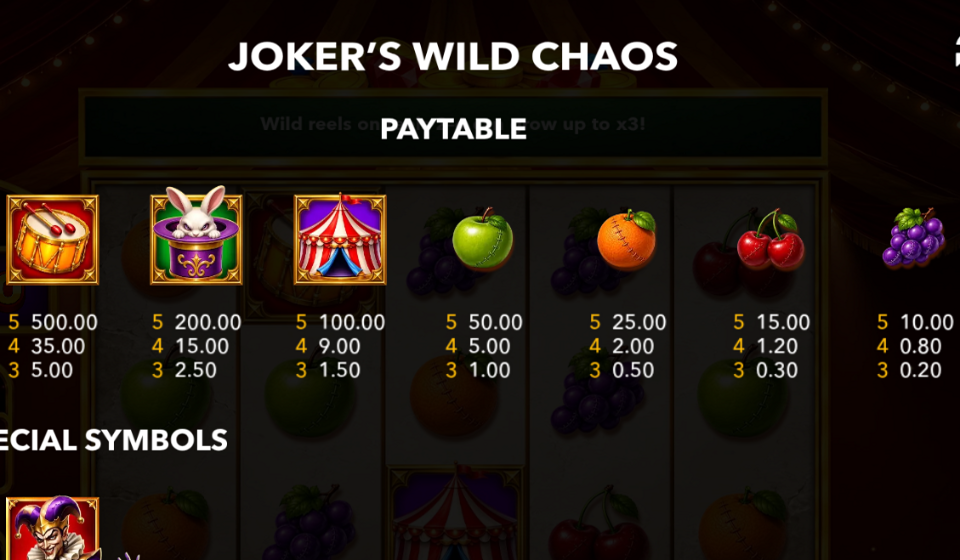 joker wild chaos paytable
