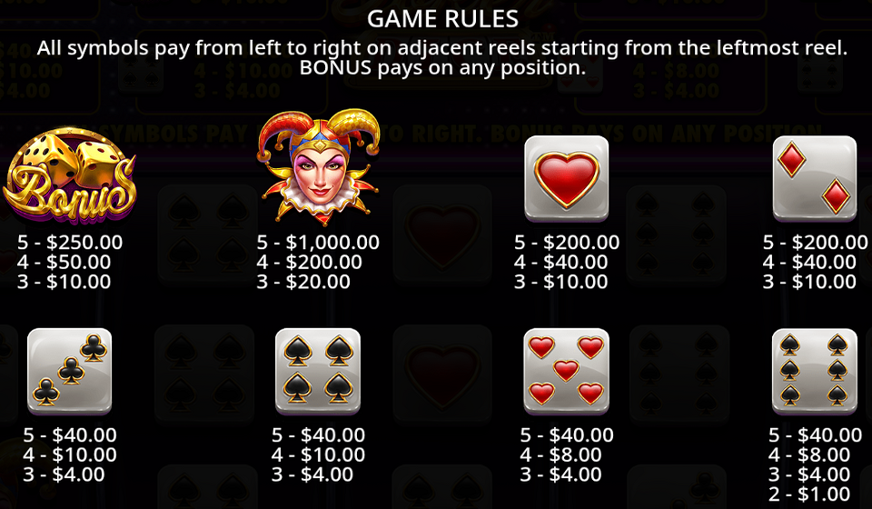 jokers jewels dice paytable