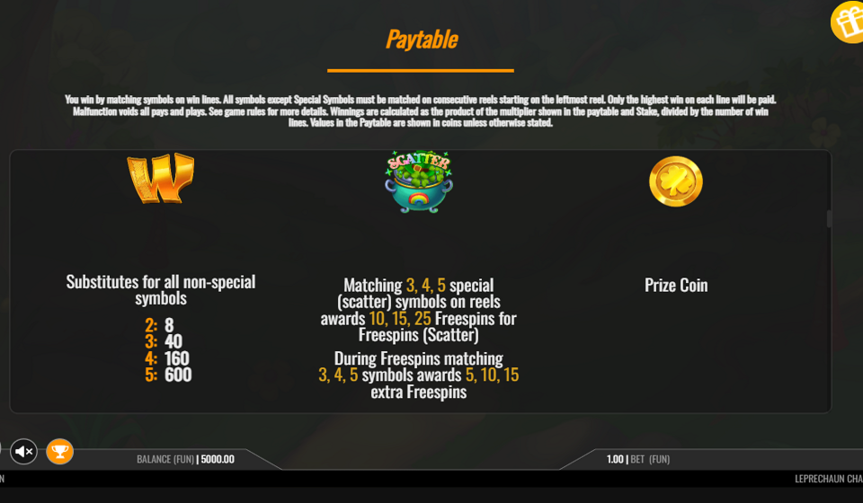 leprechaun charms paytable 1