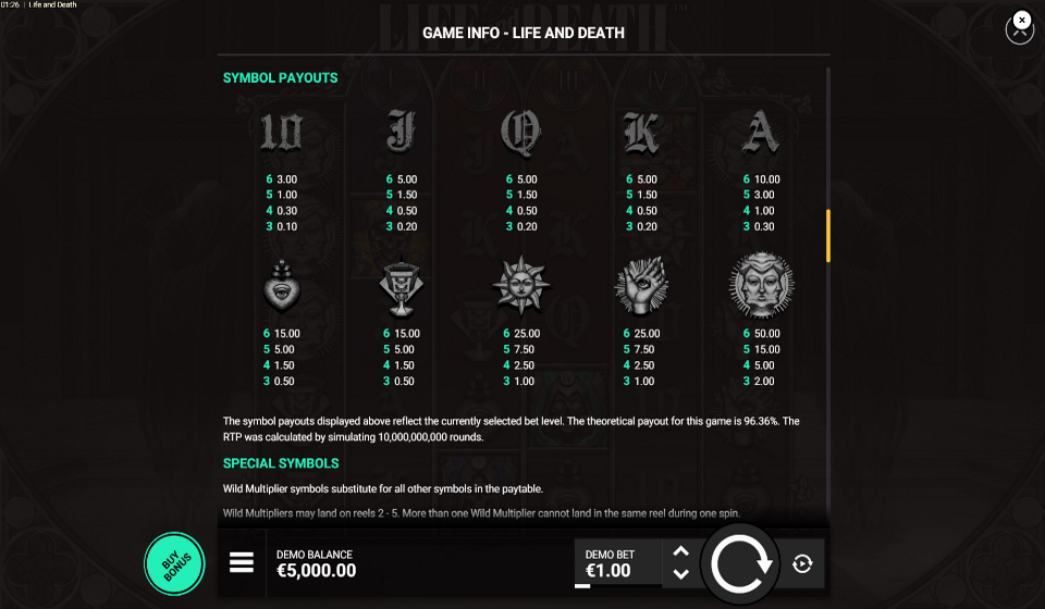 life and death paytable