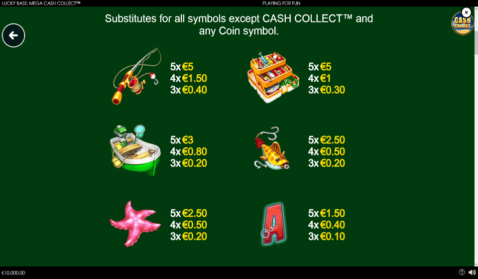 lucky bass mega cash collect paytable 1