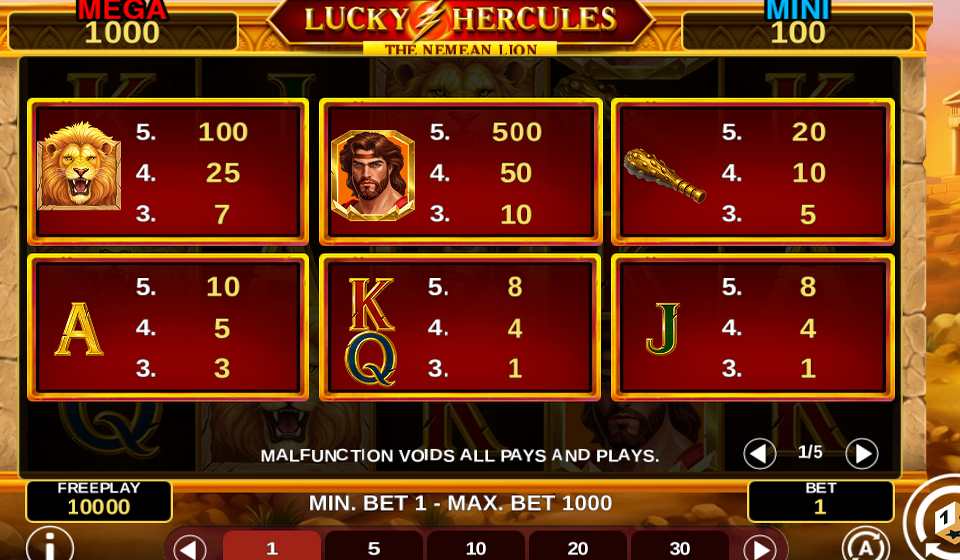 lucky hercules hold and win paytable