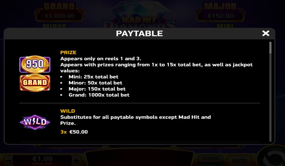 mad hit diamonds paytable 1