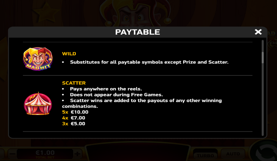 mad hit jokester paytable 1
