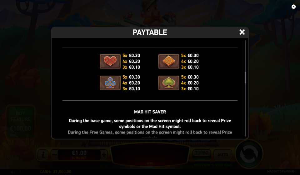 mad hit savannah paytable 2
