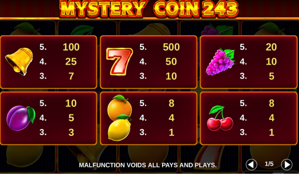 mystery coin 243 paytable