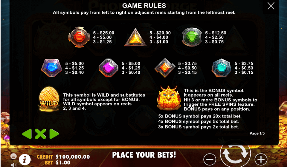 phoenix forge paytable