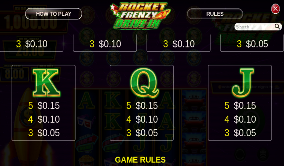 rocket frenzy drive in paytable 3