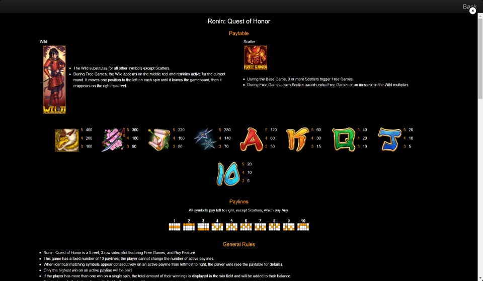 ronin quest of honor paytable