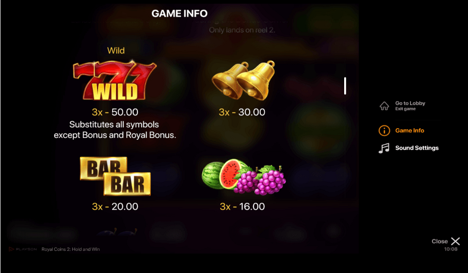 royal coins 2 hold and win paytable 1a