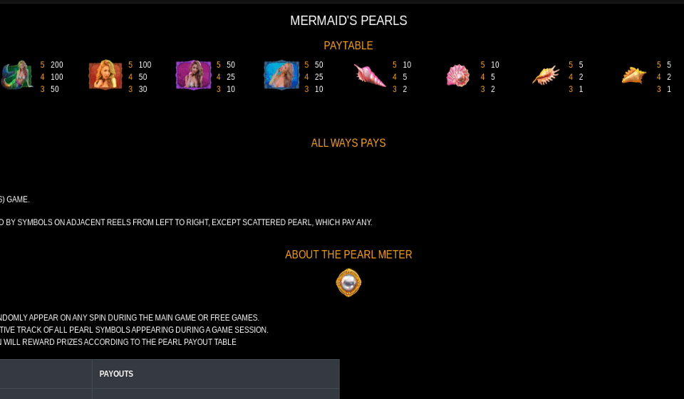 rtg mermaids pearls paytable