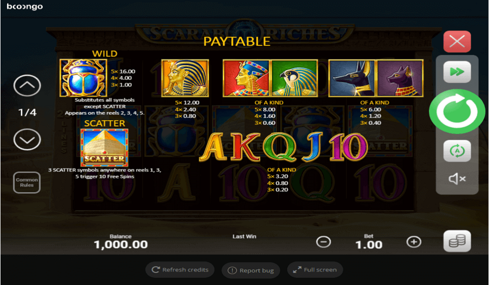 scarab riches paytable