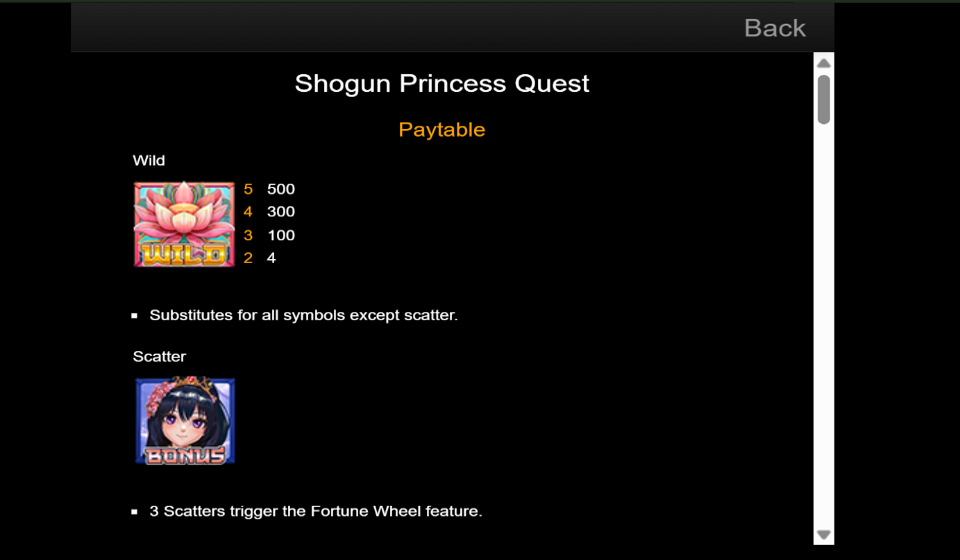 shogun princess quest paytable 1