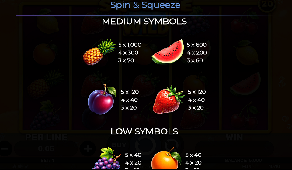 spin and squeeze paytable 1